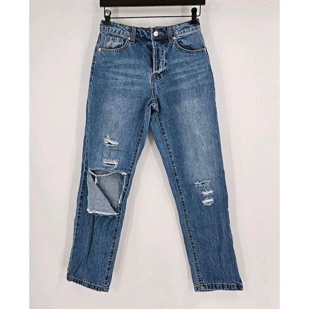 Forever 21 Premium Button Fly Med Wash Ripped Distressed Straight Leg Jeans 25